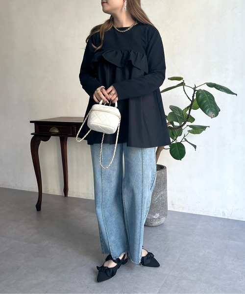 prose verse（プロズヴェール）の「フリルギャザーペプラムトップス（Tシャツ/カットソー・レディース・ブラック/オフホワイト・MEDIUM）」の8枚目の写真