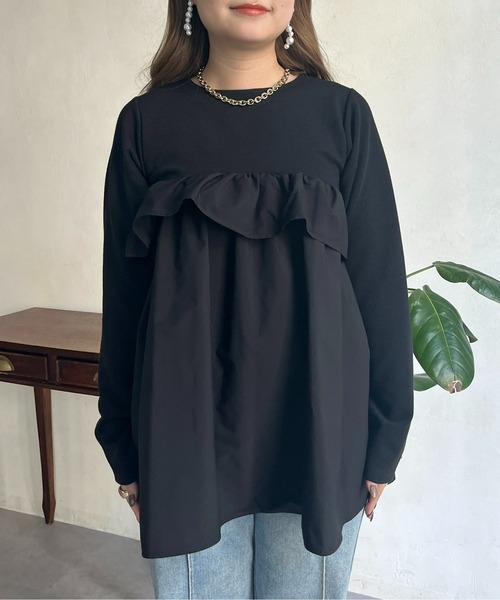 prose verse（プロズヴェール）の「フリルギャザーペプラムトップス（Tシャツ/カットソー・レディース・ブラック/オフホワイト・MEDIUM）」の5枚目の写真