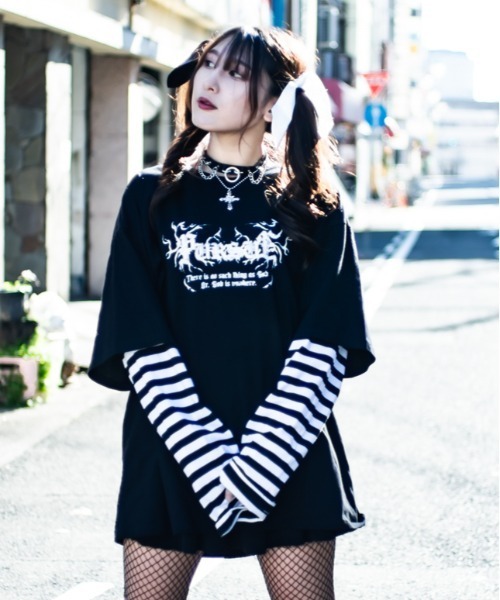 JOHN'S CLOSET（ジョンズクローゼット）の「【13】袖ボーダー フェイクレイヤードロンT（Tシャツ/カットソー・メンズ・ブラック/ホワイト・MEDIUM/LARGE）」の13枚目の写真