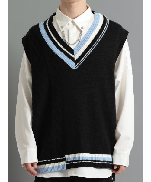semantic design（セマンティックデザイン）の「セマンティックデザイン ケーブル柄切替 Vネック ニットベスト（ベスト・メンズ・ブラック/ホワイト・MEDIUM/LARGE）」の7枚目の写真