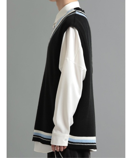 semantic design（セマンティックデザイン）の「セマンティックデザイン ケーブル柄切替 Vネック ニットベスト（ベスト・メンズ・ブラック/ホワイト・MEDIUM/LARGE）」の8枚目の写真