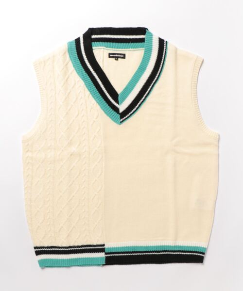 semantic design（セマンティックデザイン）の「セマンティックデザイン ケーブル柄切替 Vネック ニットベスト（ベスト・メンズ・ブラック/ホワイト・MEDIUM/LARGE）」の14枚目の写真