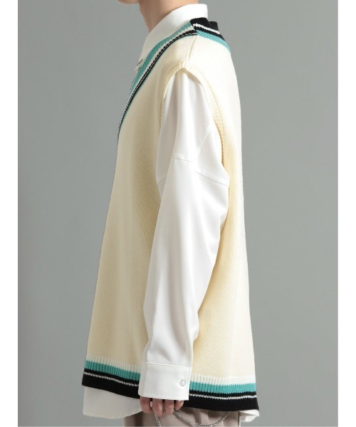 semantic design（セマンティックデザイン）の「セマンティックデザイン ケーブル柄切替 Vネック ニットベスト（ベスト・メンズ・ブラック/ホワイト・MEDIUM/LARGE）」の18枚目の写真