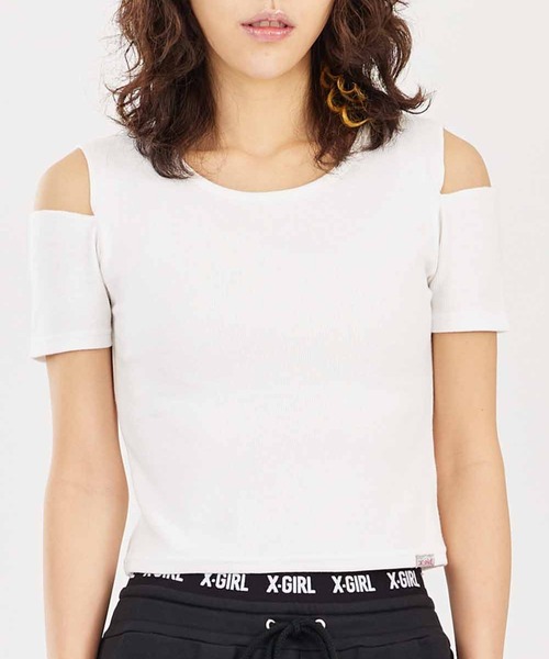 X-girl(エックスガール)の「CUT OUT SHOULDER S/S TOP(Tシャツ/カットソー・レディース・ホワイト/ブラック/ネイビー・M/S)」の2枚目の写真
