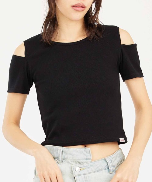X-girl(エックスガール)の「CUT OUT SHOULDER S/S TOP(Tシャツ/カットソー・レディース・ホワイト/ブラック/ネイビー・M/S)」の3枚目の写真