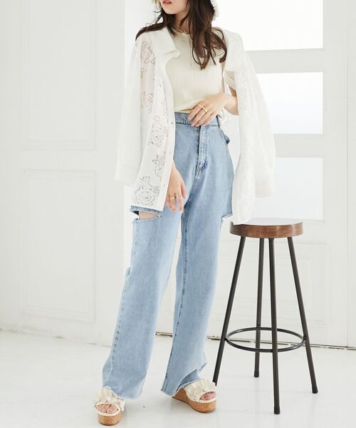 MAJESTIC LEGON（マジェスティックレゴン）の「ハイウエストバリエダメージデニム（デニムパンツ・レディース・ブルー系その他2/サックスブルー・MEDIUM/SMALL）」の10枚目の写真