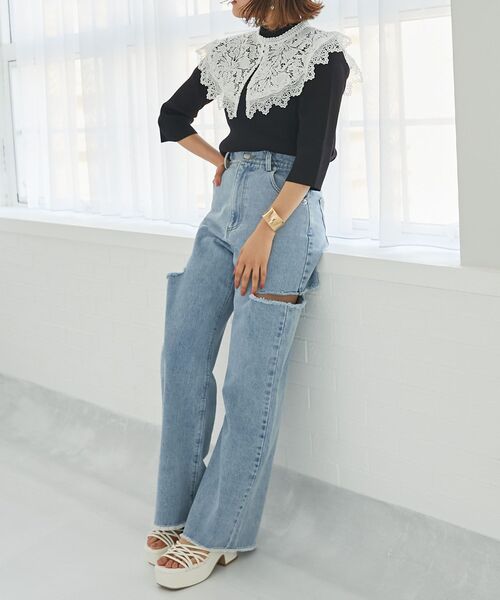 MAJESTIC LEGON（マジェスティックレゴン）の「ハイウエストバリエダメージデニム（デニムパンツ・レディース・ブルー系その他2/サックスブルー・MEDIUM/SMALL）」の16枚目の写真