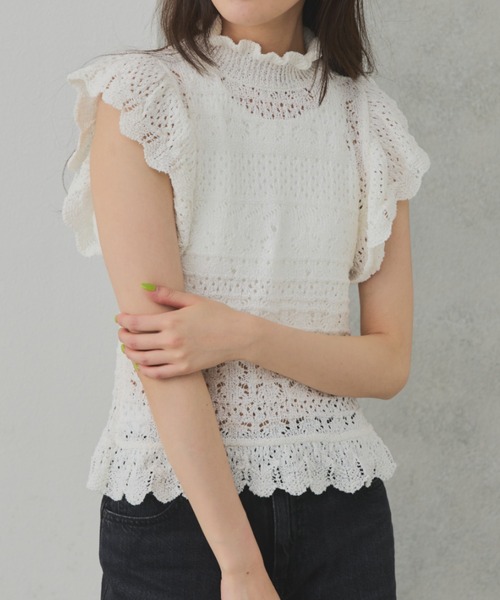 Solace（ソレイス）の「前後2WAY/フリルニットノースリーブトップス（Tシャツ/カットソー・レディース・ミント/ブラック/オレンジ/ホワイト・FREE）」の2枚目の写真