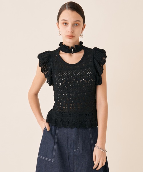 Solace（ソレイス）の「前後2WAY/フリルニットノースリーブトップス（Tシャツ/カットソー・レディース・ミント/ブラック/オレンジ/ホワイト・FREE）」の5枚目の写真
