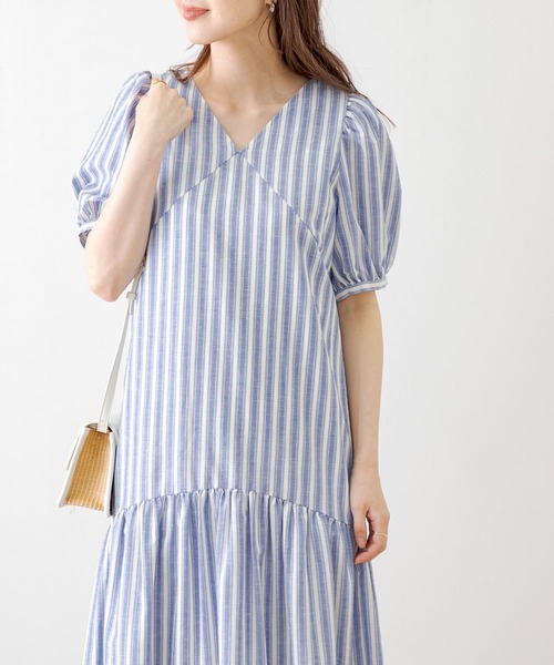 TRリネンVネックパフスリーブワンピース