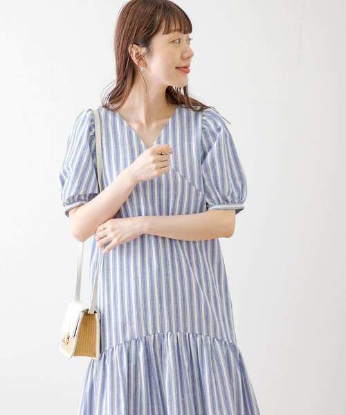 TRリネンVネックパフスリーブワンピース