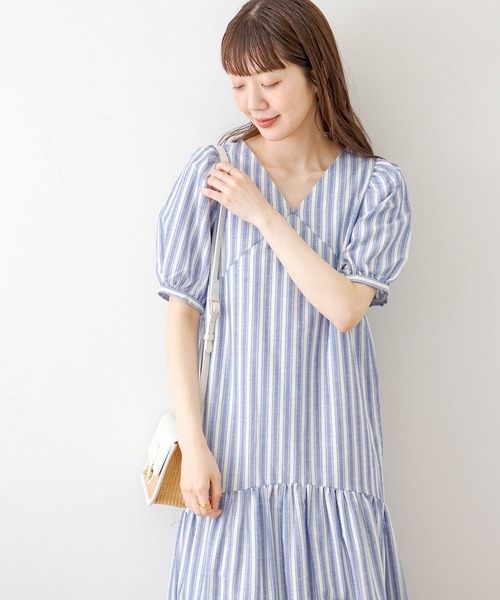 TRリネンVネックパフスリーブワンピース