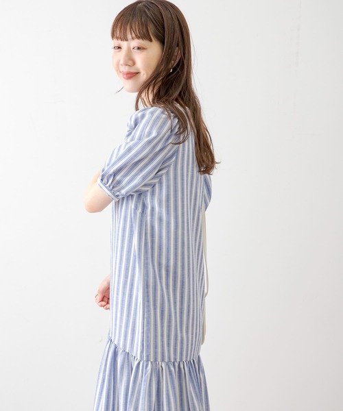 TRリネンVネックパフスリーブワンピース