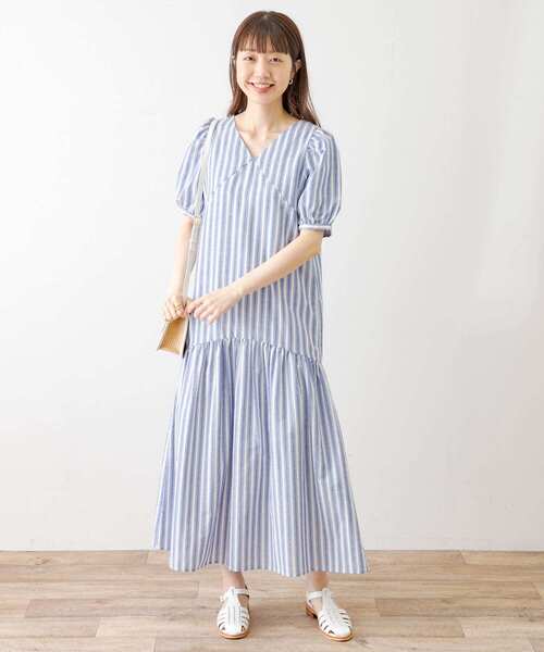 TRリネンVネックパフスリーブワンピース