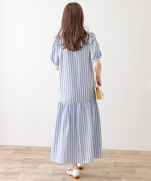 TRリネンVネックパフスリーブワンピース