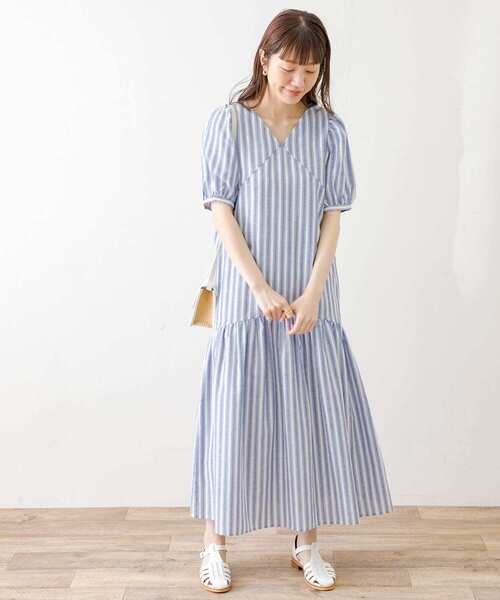 TRリネンVネックパフスリーブワンピース