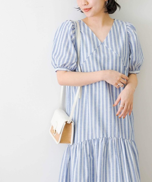 TRリネンVネックパフスリーブワンピース