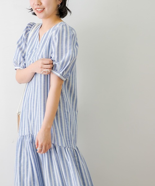 TRリネンVネックパフスリーブワンピース