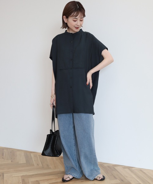 AMERICAN HOLIC（アメリカンホリック）の「ブザムフレンチスリーブバックオープンチュニック（チュニック・レディース・オフホワイト/サックスブルー/ブラウン/ネイビー・M/L）」の9枚目の写真