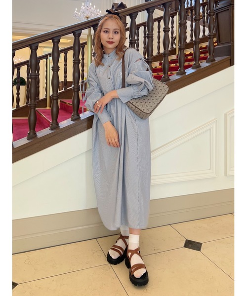 肩スリットリボンシャツOP【低身長~高身長】（シャツワンピース