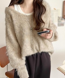 ふんわりと大人可愛い 2way起毛Vネックプルオーバー（長袖）
