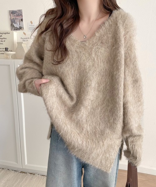 classicalelf（クラシカルエルフ）の「ふんわりと大人可愛い 2way起毛Vネックプルオーバー（長袖）（ニット/セーター・レディース・ネイビー/グリーン/グレー/イエロー/グレイッシュベージュ/ライトピンク・LARGE/SMALL/X-LARGE/MEDIUM）」の7枚目の写真