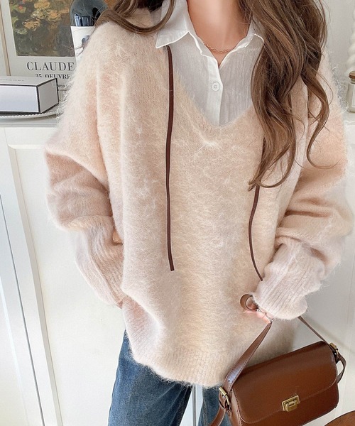 classicalelf（クラシカルエルフ）の「ふんわりと大人可愛い 2way起毛Vネックプルオーバー（長袖）（ニット/セーター・レディース・ネイビー/グリーン/グレー/イエロー/グレイッシュベージュ/ライトピンク・LARGE/SMALL/X-LARGE/MEDIUM）」の14枚目の写真