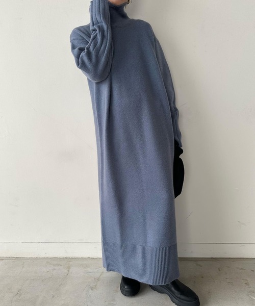 セール】【サイズ展開あり】フィンガータートルニットロングワンピース