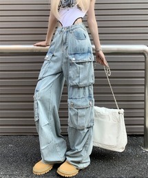 カーゴデザイン ウォッシュ加工 ロング ワイド デニム パンツ
