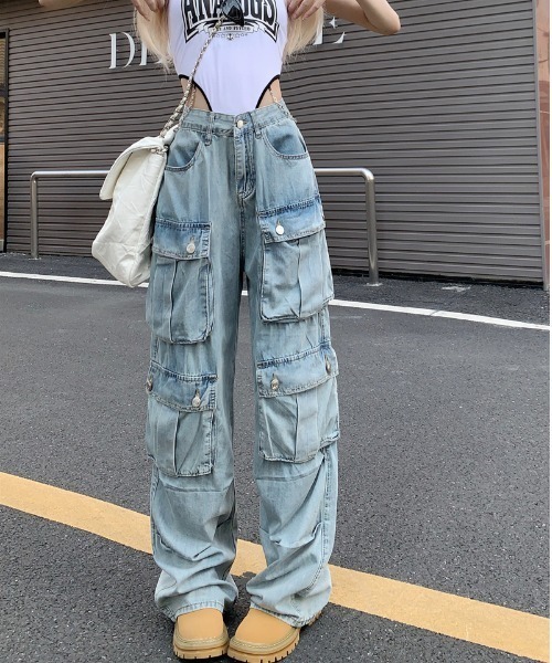 カーゴデザイン ウォッシュ加工 ロング ワイド デニム パンツ