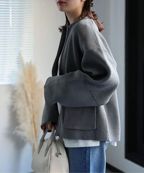 sakishimatokyo（サキシマトーキョー）の「＜新色追加＞ ランタンスリーブショートブルゾン/カーディガン/ノーカラージャケット（ノーカラージャケット・レディース・グレー/アイボリー/ネイビー/ブラック/オフホワイト/ブルー/ブラック系その他/グレイッシュベージュ/ホワイト系その他/ライトグリーン/ライトパープル/ベージュ/ブラウン/レッド・FREE）」の19枚目の写真