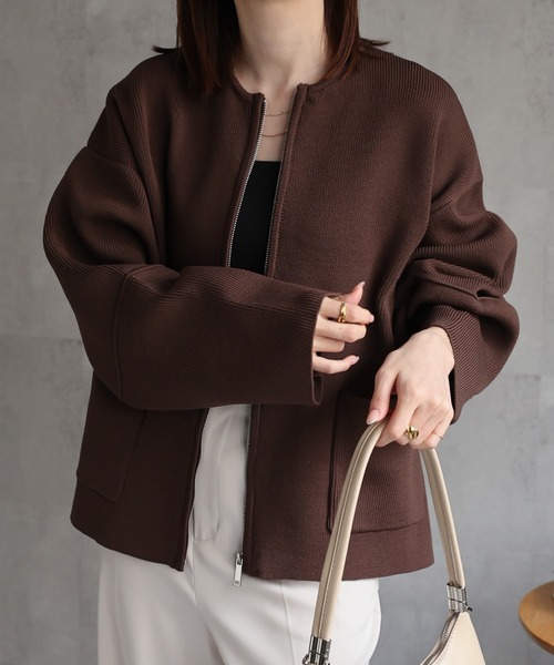 【新品タグ付】ローズティアラ46 ノーカラージャケット ランタンスリーブ♡ セール】<新色追加> ランタンスリーブショートブルゾン