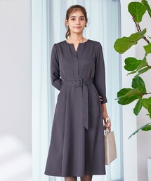 【洗える】ベルト付キーネックポケットワンピース