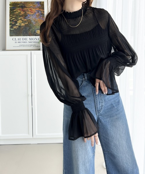 エンポリオアルマーニ　シフォン　プリーツ　長袖シャツ 黒　シアー　シースルー　透 エンポリオアルマーニ シフォン プリーツ 長袖シャツ 黒 シアー