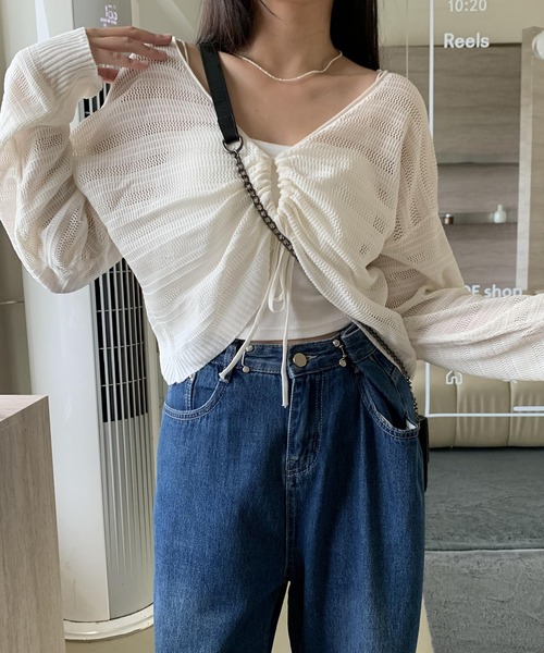 セール】ドロストショート メッシュニットトップス（ニット