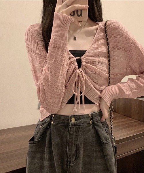 ニット・セーター DNSR mesh cropped knitwear 5MM471 セール】ドロストショート メッシュニットトップス（ニット