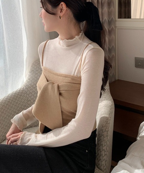 【美品】and couture★ビスチェニット リボン付き セール】リボンニットビスチェ付シアーフリルネックトップス