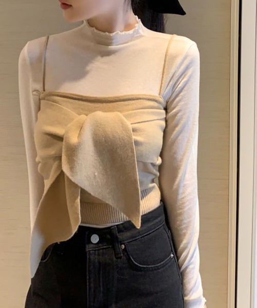 セール】リボンニットビスチェ付シアーフリルネックトップス
