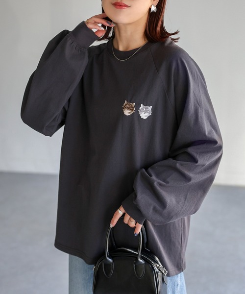 セール】ネコ刺繍ラグランロンT（Tシャツ/カットソー）｜Riberry
