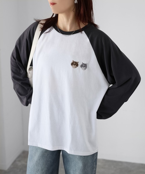 Riberry（リベリー）の「ネコ刺繍ラグランロンT（Tシャツ/カットソー・レディース・チャコールグレー/オフホワイト/グレー系その他/ブラック・FREE）」の9枚目の写真