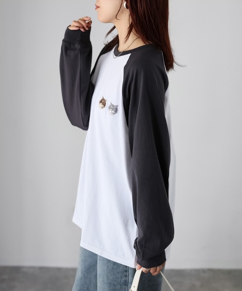 Riberry（リベリー）の「ネコ刺繍ラグランロンT（Tシャツ/カットソー・レディース・チャコールグレー/オフホワイト/グレー系その他/ブラック・FREE）」の10枚目の写真