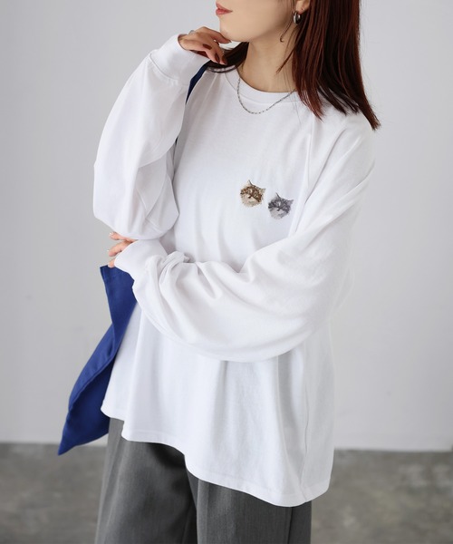 セール】ネコ刺繍ラグランロンT（Tシャツ/カットソー）｜Riberry
