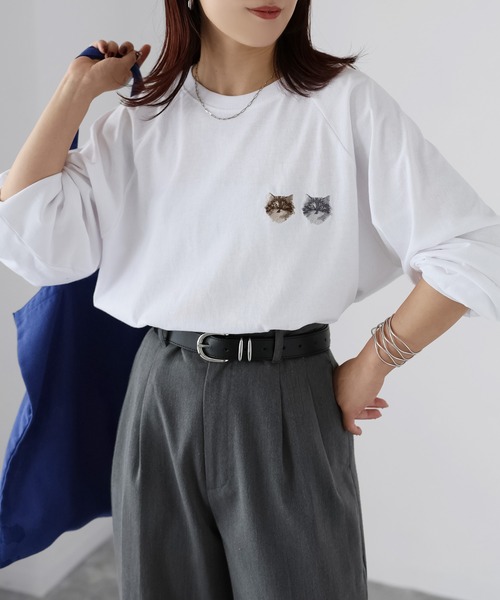 猫背のネイビーセゾン ラグラン Tシャツ 入手困難 Riberry tシャツ ネコ刺繍ラグランロンT レディース : ZOZOTOWN
