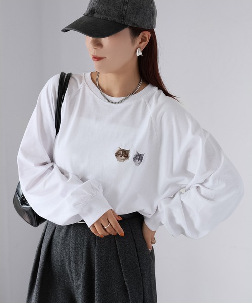 セール】ネコ刺繍ラグランロンT（Tシャツ/カットソー）｜Riberry