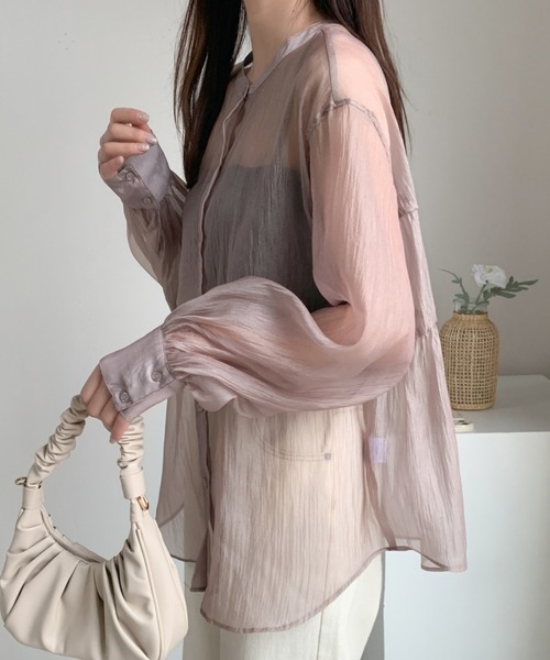 ABITOKYO（アビトーキョー）の「バックリボンボリューム袖オーバーシアーシャツ（シャツ/ブラウス・レディース・ブラック/ベージュ/グレー/ホワイト・FREE）」の12枚目の写真