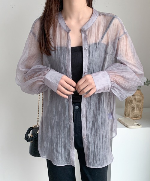 ABITOKYO（アビトーキョー）の「バックリボンボリューム袖オーバーシアーシャツ（シャツ/ブラウス・レディース・ブラック/ベージュ/グレー/ホワイト・FREE）」の7枚目の写真