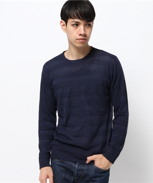 koe（コエ）の「ハイゲージシャドーボーダーニットプルオーバー（ニット/セーター・メンズ・ブラック/カーキ/オフホワイト/ネイビー・MEDIUM/LARGE/SMALL/LL）」の4枚目の写真