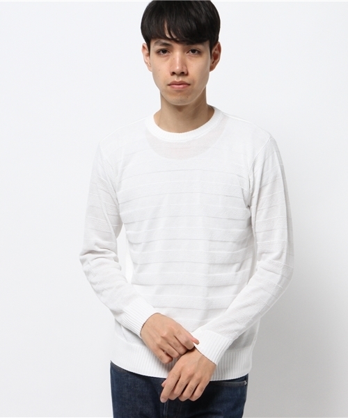 koe（コエ）の「ハイゲージシャドーボーダーニットプルオーバー（ニット/セーター・メンズ・ブラック/カーキ/オフホワイト/ネイビー・MEDIUM/LARGE/SMALL/LL）」の2枚目の写真