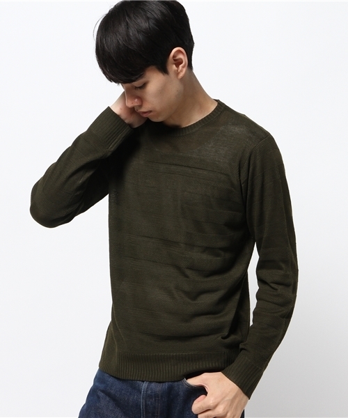 koe（コエ）の「ハイゲージシャドーボーダーニットプルオーバー（ニット/セーター・メンズ・ブラック/カーキ/オフホワイト/ネイビー・MEDIUM/LARGE/SMALL/LL）」の3枚目の写真