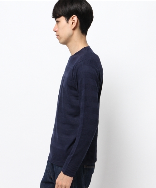 koe（コエ）の「ハイゲージシャドーボーダーニットプルオーバー（ニット/セーター・メンズ・ブラック/カーキ/オフホワイト/ネイビー・MEDIUM/LARGE/SMALL/LL）」の5枚目の写真